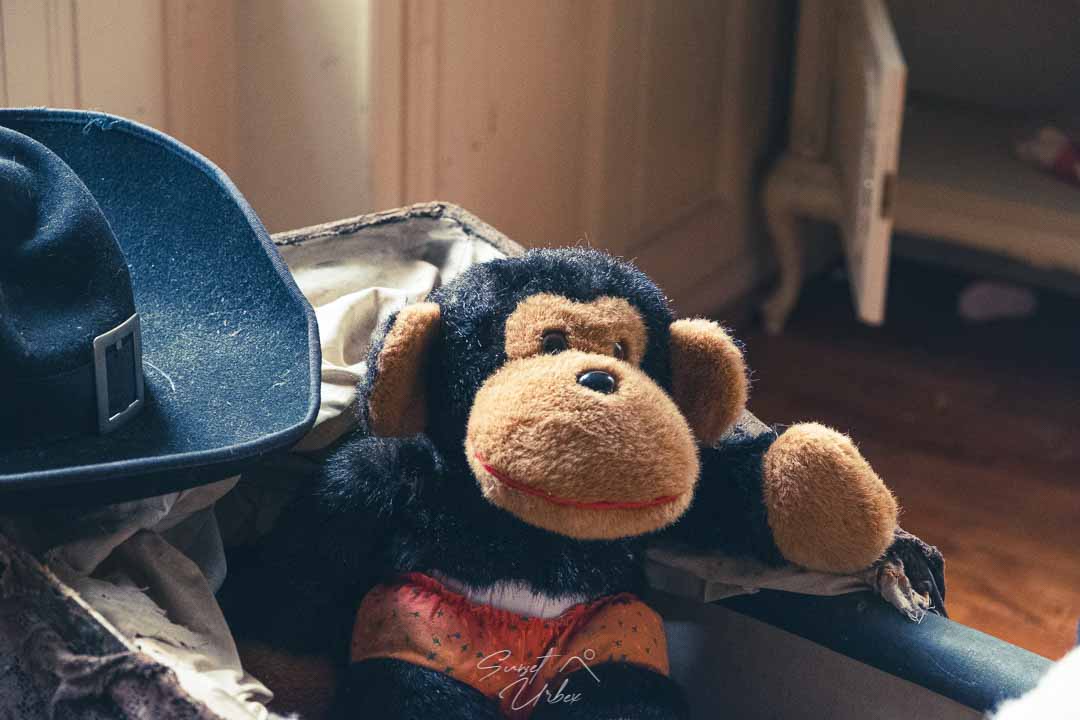 une peluche singe au château banana